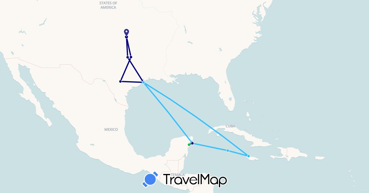 TravelMap itinerary: driving, bus, boat in Jamaica, Cayman Islands, Mexico, United States (North America)